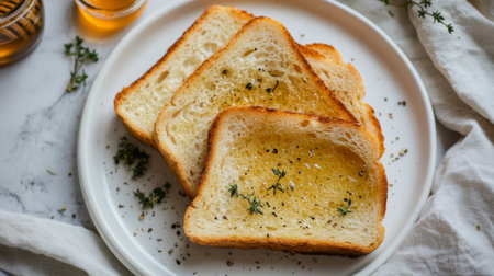 Enjoy a tempting image of toasted bread slices drizzled with butter and sprinkled with fresh herbs. A perfect choice for breakfast or snack time!の素材