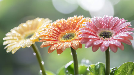 Three vibrant flowers in soft light with glistening water droplets. A beautiful close-up capturing the essence of nature and freshness in a serene setting.の素材