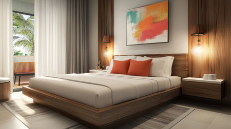 A beautifully designed modern bedroom featuring a plush bed with orange accents, harmonized with wood tones and a soothing color palette. Perfect for relaxation.の素材