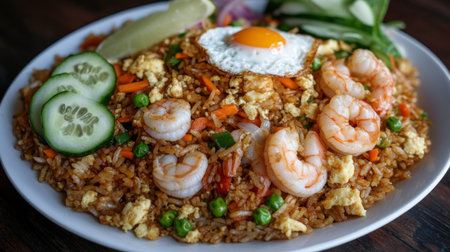 A vibrant plate of fried rice featuring shrimp, vegetables, and a sunny-side-up egg, garnished with lime and cucumber slices for a delightful meal.の素材