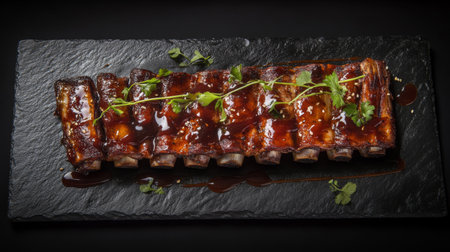 Mouthwatering barbecue ribs glazed with rich sauce, beautifully presented on a black slate plate. Perfect for food lovers and culinary enthusiasts.の素材