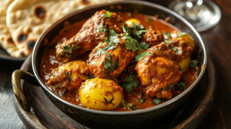 A delicious chicken curry featuring tender pieces and potatoes, garnished with fresh herbs. Perfect for a hearty meal or special occasion.の素材