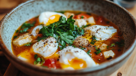 A delightful bowl of poached eggs served in a rich and spiced tomato broth, garnished with fresh cilantro. Ideal for breakfast or lunch.の素材