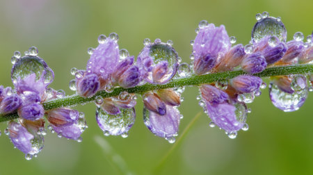 Close-up of lavender flowers adorned with glistening water droplets, showcasing the beauty of nature in spring. A serene and vibrant scene.の素材