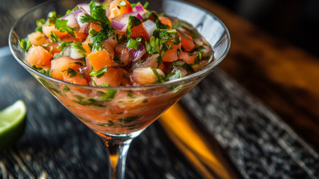 A vibrant and fresh salsa served in an elegant martini glass. This colorful dish features diced tomatoes, onions, and cilantro, perfect for parties and gatherings.の素材