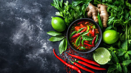 A vibrant arrangement of fresh ingredients including chili, herbs, and ginger, perfect for creating flavorful dishes in Asian cuisine.の素材