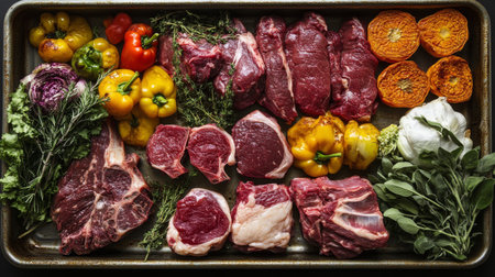 Vibrant arrangement of raw meat and colorful vegetables on a tray, ideal for culinary projects, cooking inspirations, and food photography.の素材