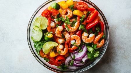 A vibrant bowl of fresh shrimp and colorful vegetables including tomatoes, limes, and peppers, perfect for a healthy meal or appetizer.の素材