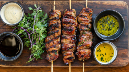 Succulent grilled meat skewers served with fresh herbs and flavorful sauces. Ideal for outdoor dining, picnics, or gourmet gatherings. Perfect for meat lovers.の素材