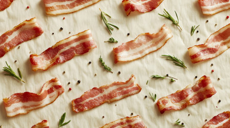 Fresh bacon strips laid out on a pale background with herbs and spices, creating a culinary masterpiece perfect for cooking inspiration.の素材