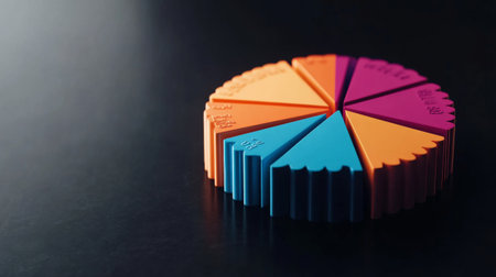 A colorful pie chart segment displayed on a dark surface. The vibrant colors and geometric shapes create a modern and artistic look, ideal for educational or business visuals.の素材