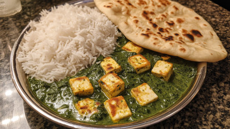 A vibrant plate featuring paneer in a green curry sauce, served with fluffy rice and warm naan bread, perfect for a vegetarian meal.の素材