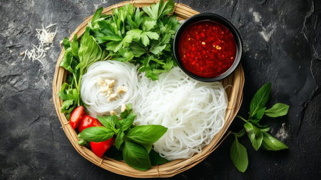 Vibrant and fresh ingredients arranged in a basket include rice noodles, herbs, and chili sauce, perfect for culinary exploration and meal preparation.の素材