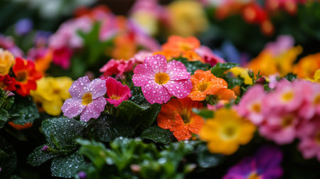 A stunning display of vibrant flowers adorned with raindrops, showcasing a colorful array of petals. This image captures the refreshing beauty of nature, ideal for any floral design use.の素材