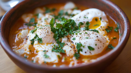 Enjoy a flavorful bowl of spicy soup featuring poached eggs and fresh herbs, perfect for any meal. This dish combines vibrant flavors and nutritious ingredients for a delightful experience.の素材