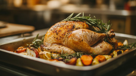 A beautifully roasted chicken garnished with fresh herbs and served with a variety of colorful vegetables, perfect for a festive feast or special occasion.の素材