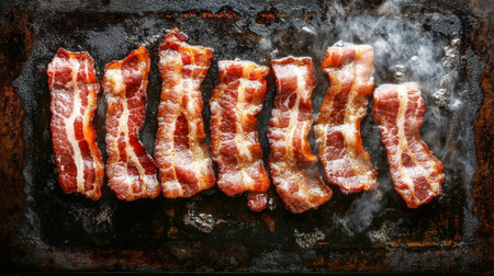 A close-up view of crispy bacon strips sizzling on a hot grill surface, releasing delicious smoke and showcasing a mouthwatering texture, perfect for food lovers.の素材