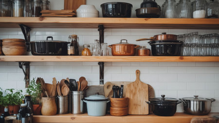 A cozy kitchen scene featuring a wooden shelf filled with various cookware and utensils. Perfect for illustrating modern culinary lifestyle and home decor.の素材