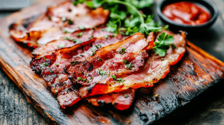 Close-up of crispy bacon strips garnished with fresh herbs served on a wooden board. Ideal for food enthusiasts and culinary presentations.の素材
