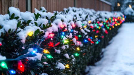 Vibrant Christmas lights shine on snowy greenery, creating a magical winter scene. The combination of color and snow brings warmth to the cold landscape.の素材