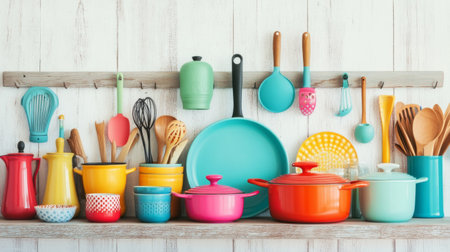 A vibrant collection of kitchenware displayed on a rustic wooden shelf, featuring colorful pots, pans, and utensils, perfect for adding charm to any cooking space.の素材