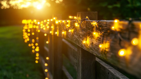 A serene outdoor scene featuring warm string lights adorning a wooden fence at sunset, creating a cozy and inviting atmosphere perfect for evening gatherings.の素材
