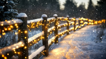 A charming winter landscape featuring a snowy path bordered by a wooden fence adorned with glowing fairy lights, creating a magical and inviting atmosphere.の素材