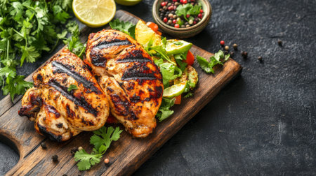 Tender grilled chicken served with fresh vegetables and herbs, garnished with lime and spices. Perfect for healthy meals and culinary presentations.の素材