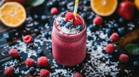 A vibrant glass jar filled with a creamy berry smoothie, topped with fresh raspberries and blueberries, surrounded by coconut flakes and slices of orange.の素材