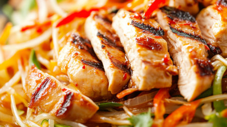 A vibrant plate featuring grilled chicken slices atop colorful vegetable noodles, showcasing a delicious meal that combines texture and flavor.の素材