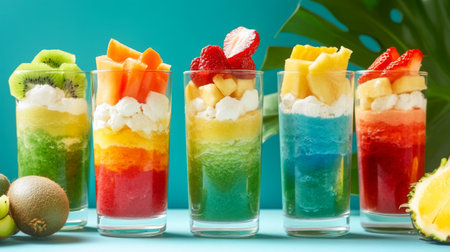 Delight in this vibrant display of layered fruit desserts in glasses, showcasing fresh tropical fruits and creamy textures, perfect for any summer occasion.の素材