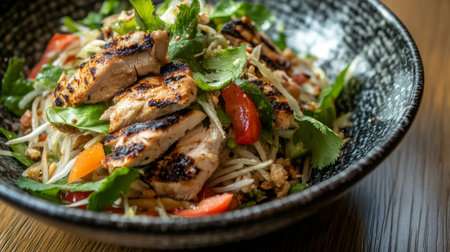 A vibrant salad featuring grilled chicken and fresh vegetables, garnished with herbs. Perfect for a healthy meal or a gourmet dining experience.の素材