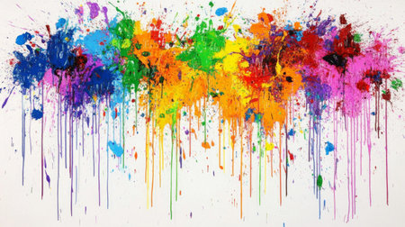 Vibrant abstract paint splatter artwork with a mix of colors and textures, perfect for creative projects, backgrounds, or artistic expressions.の素材