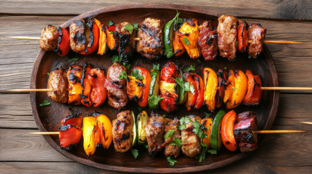 A vibrant platter of grilled meats and vegetables on skewers, perfect for outdoor dining or summer parties. Enjoy the colorful, flavorful presentation.の素材