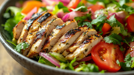 A delicious grilled chicken salad featuring vibrant vegetables and fresh herbs. Perfect for a healthy meal option, showcasing color and flavor.の素材