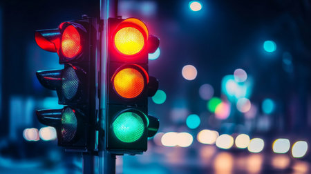 A vibrant traffic light displaying red and green signals at night, set against a blurred city background. Ideal for urban and traffic-themed projects.の素材