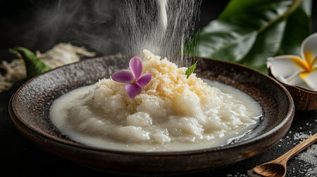 A visually appealing dessert featuring creamy coconut base, garnished with a flower and delicate flakes, perfect for tropical-themed dining experiences.の素材