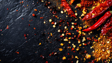 Explore a captivating arrangement of vibrant spices and chili peppers on a dark background, perfect for enhancing culinary presentations and recipes.の素材