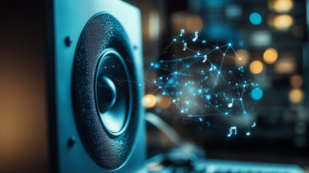 An abstract representation of sound waves emerging from a speaker, symbolizing music and audio technology. Ideal for creative and modern media projects.の素材