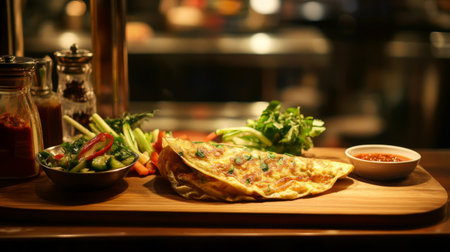 A visually appealing omelette served with fresh vegetables and herbs on a wooden platter. Perfect for a cozy breakfast or nutritious meal option.の素材