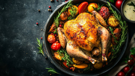 A beautifully roasted chicken surrounded by colorful vegetables and fresh herbs, perfect for a festive meal or family gathering. Aromatic and delicious.の素材