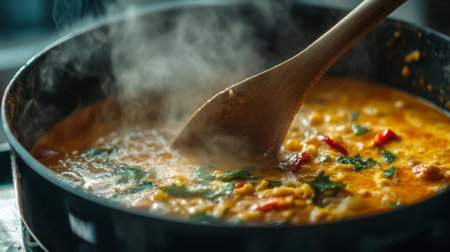 This image captures a bubbling curry in a pan, showcasing rich colors and steam, emphasizing the cooking process and inviting warmth of a home-cooked meal.の素材