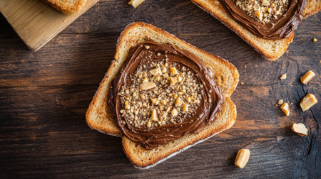 A delicious slice of toasted bread topped with creamy chocolate spread and sprinkled with nuts, perfect for a sweet breakfast or snack.の素材