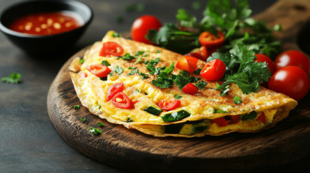 A vibrant vegetable omelette topped with fresh herbs and cherry tomatoes. Perfect for a healthy breakfast or brunch, showcasing colorful ingredients.の素材