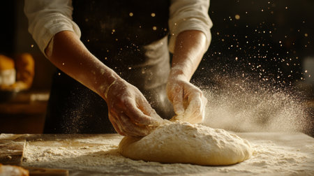 Close-up of hands kneading dough on a floured surface in an artisan kitchen. The warm light captures the essence of baking and culinary tradition.の素材