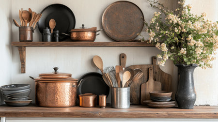 A charming display of rustic kitchenware featuring copper pots and wooden utensils on a shelf, complemented by fresh flowers in a dark vase, perfect for cozy home decor.の素材