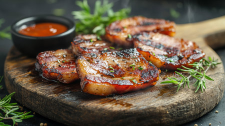 Succulent grilled meat served on a rustic wooden platter, garnished with herbs and accompanied by a rich sauce, perfect for a gourmet meal.の素材