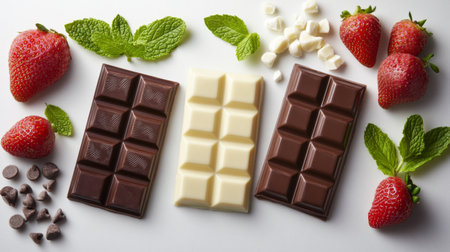 A delightful arrangement featuring various types of chocolate alongside fresh strawberries and mint leaves, perfect for dessert lovers and culinary presentations.の素材