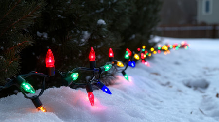 A beautiful display of colorful holiday lights illuminating a snowy landscape. The vibrant colors contrast with the white snow, creating a festive atmosphere.の素材