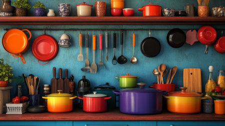 A vibrant kitchen display featuring an array of colorful pots, pans, and utensils on rustic shelves. Perfect for inspiring culinary creativity and organization.の素材